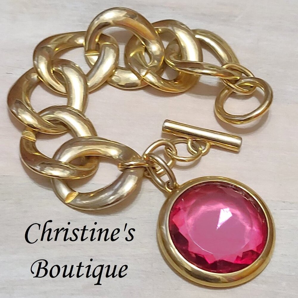 Charm bracelet, vintage, large goldtone link, with large glass pink dangle charm